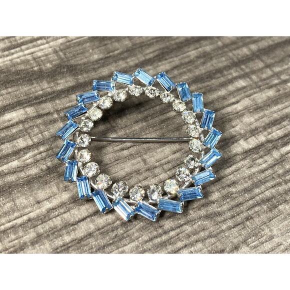 Vintage Carl Art Sterling Silver Blue Baguette Clear Round Rhinestone Brooch Pin